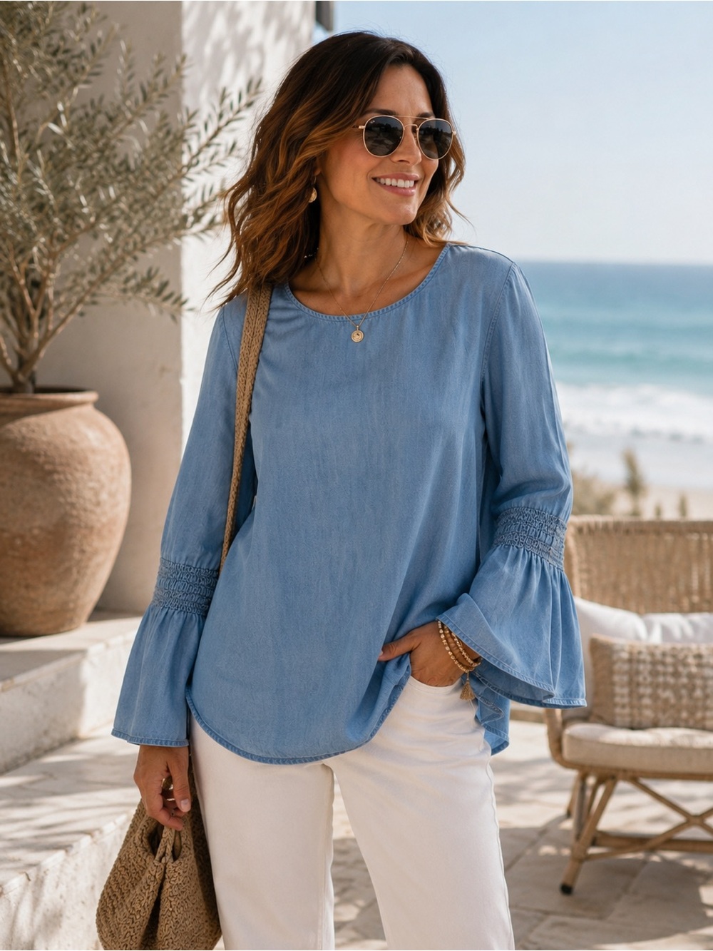 BLL Blue Tencel Chambray Denim Long Sleeve Tulip Cuff Top Smocked Detail Size XL